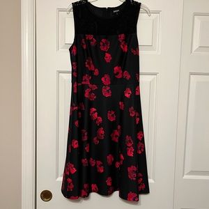 DKNY Red Floral Black Dress with Lace Fit and Flare - Size 10